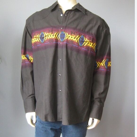 Vintage 90s Wrangler Western Button Down Shirt Aztec Black Size XXL - Picture 2 of 8